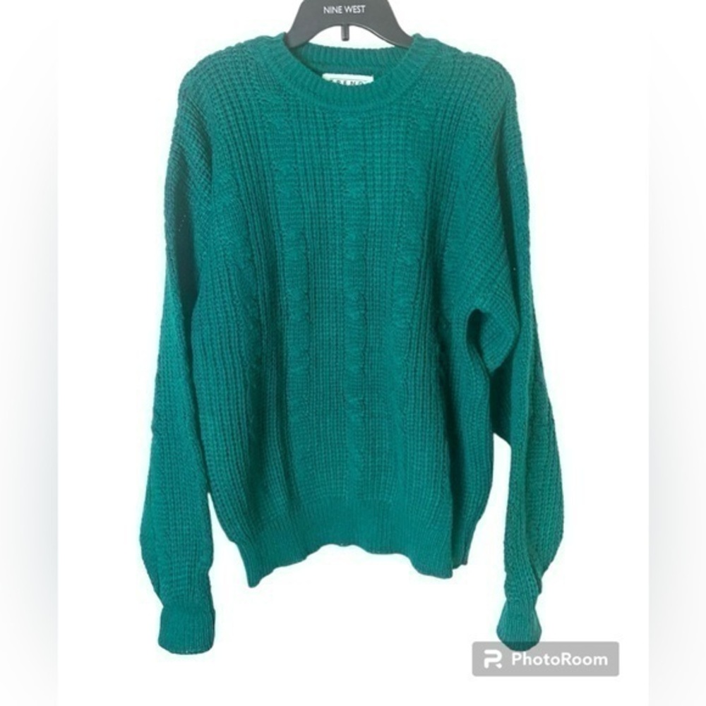 New Vintage Cable Knit Sweater Crew Neck Green Classic Casual Size M